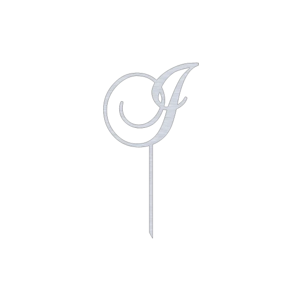 Silver aluminum cake topper featuring an elegant 'I' monogram in a swirling script design. The topper is laser-cut with smooth edges and a shiny finish. It's supported by a single vertical stake for easy insertion into a cake.